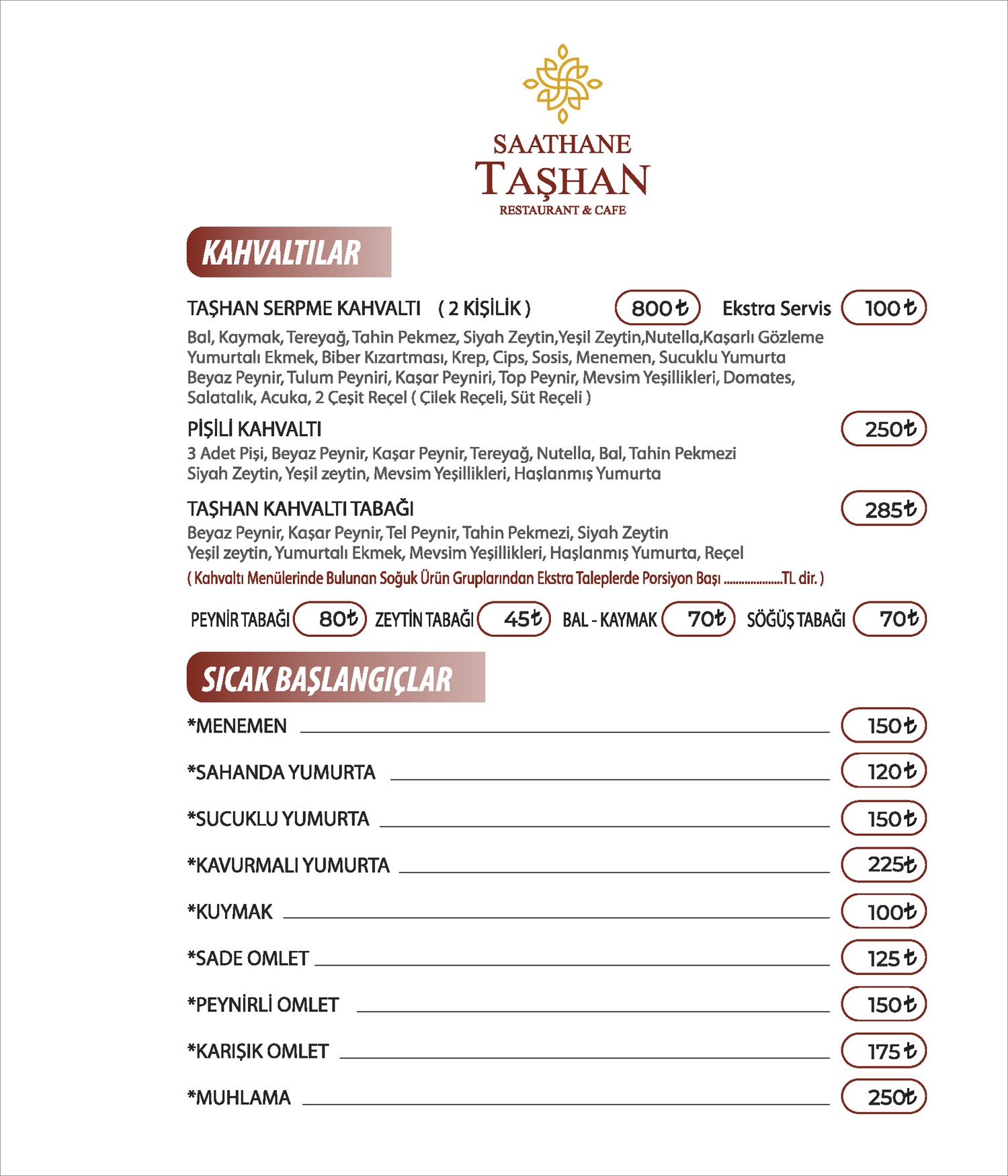 Taşhan Menu